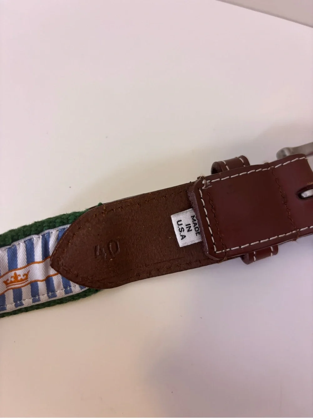 Peter Millar Green Canvas Peacock Embroidery & Logo in White Stripes Belt Men’40